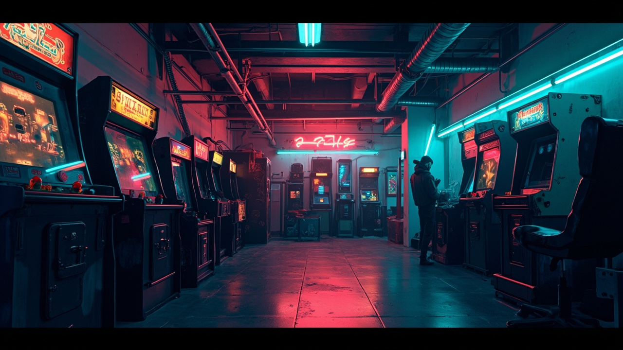 Illustration of a neon-lit retro arcade interior