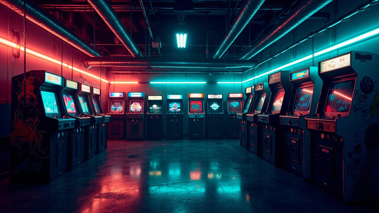 Illustration of a neon-lit retro arcade interior
