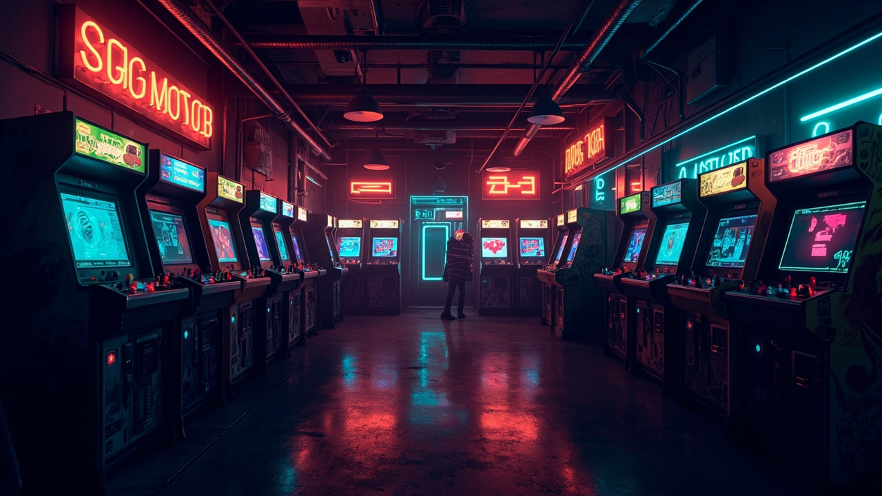 Illustration of a neon-lit retro arcade interior
