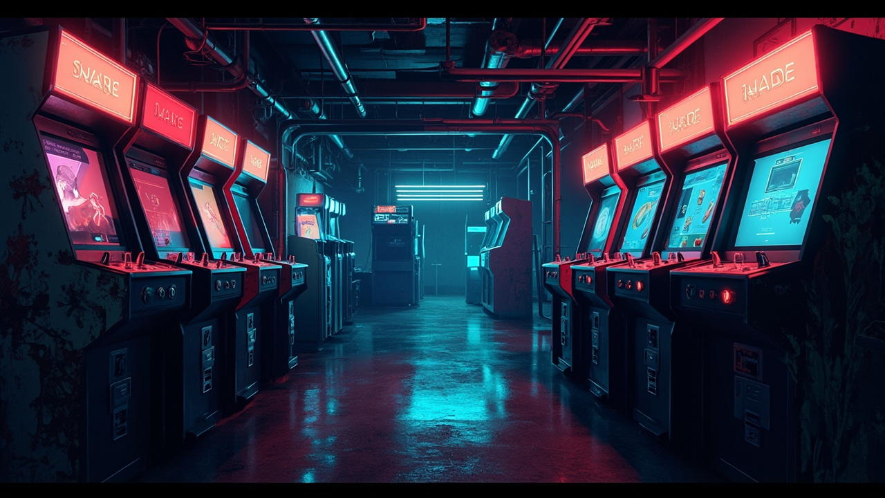 Illustration of a neon-lit retro arcade interior