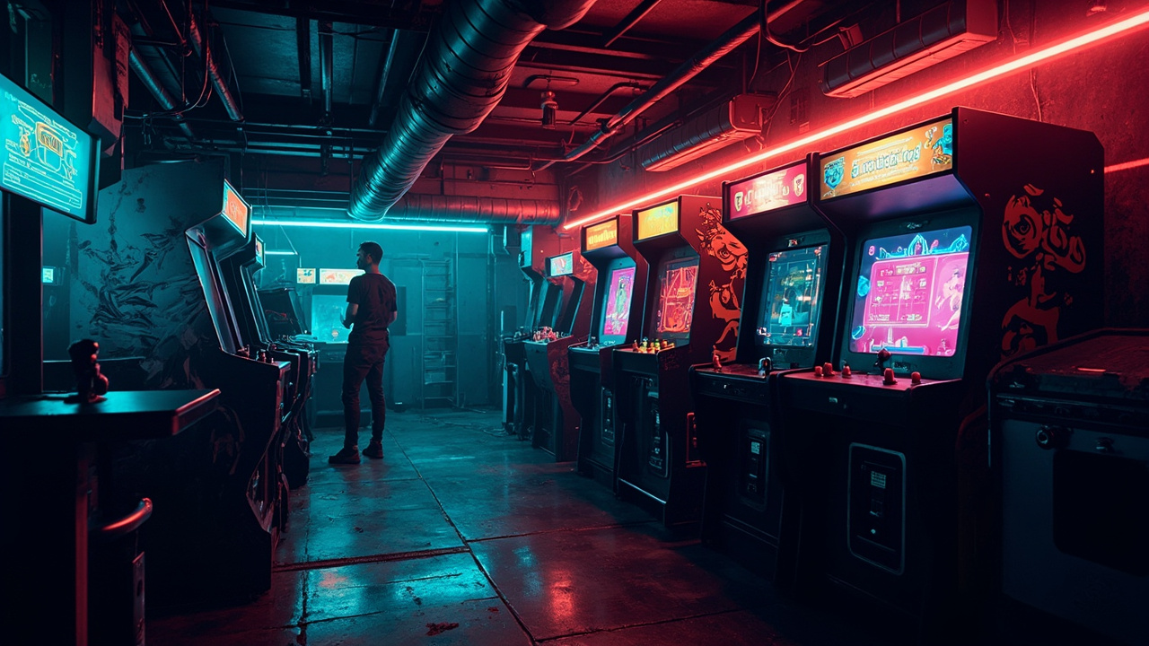 Illustration of a neon-lit retro arcade interior