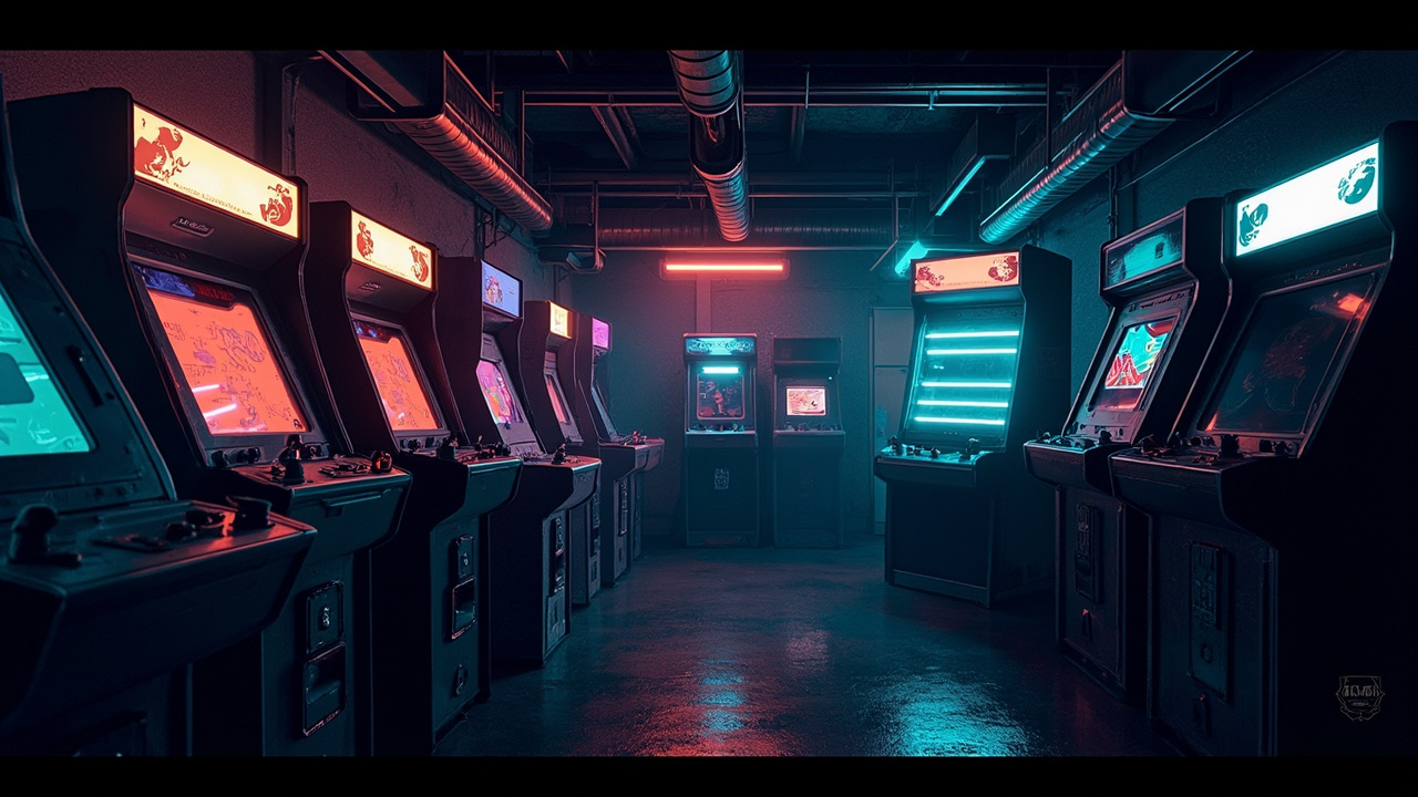 Illustration of a neon-lit retro arcade interior