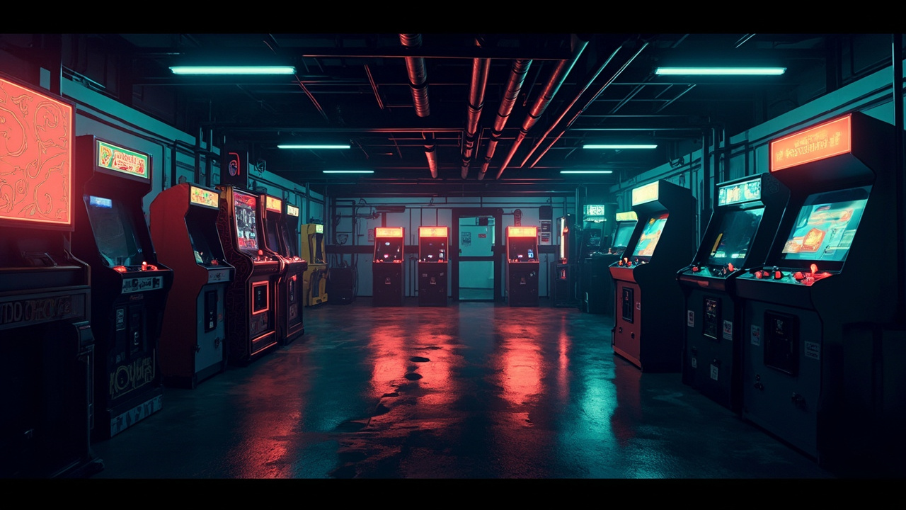 Illustration of a neon-lit retro arcade interior