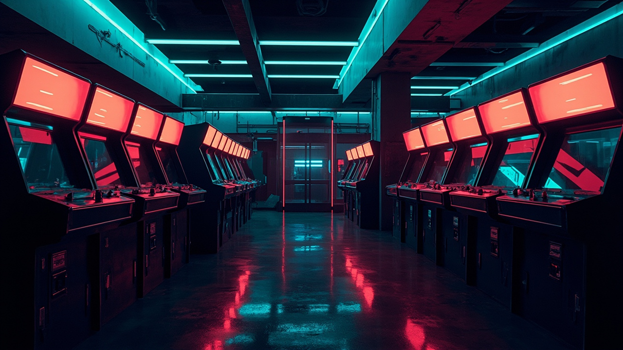 Illustration of a neon-lit retro arcade interior