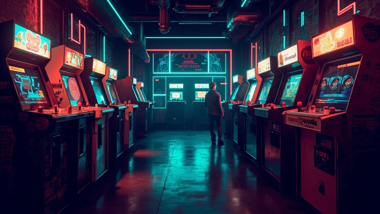 Illustration of a neon-lit retro arcade interior