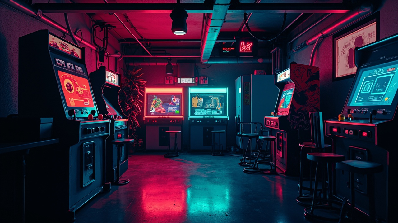 Illustration of a neon-lit retro arcade interior