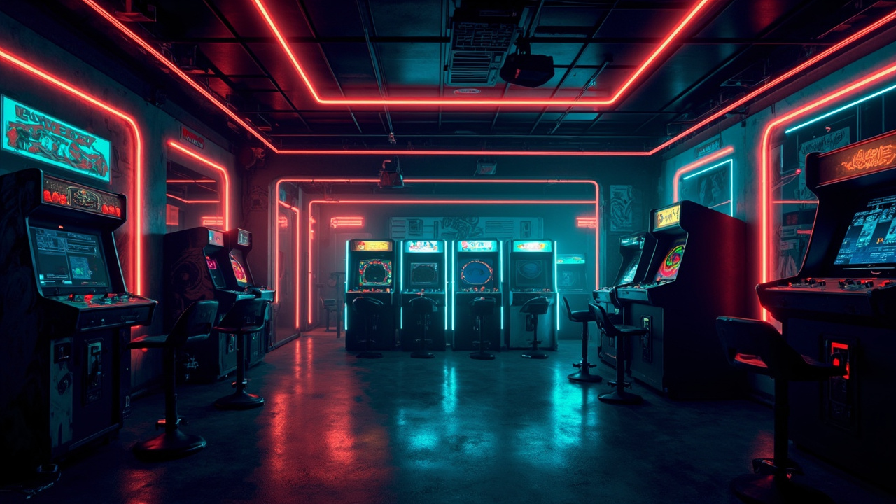 Illustration of a neon-lit retro arcade interior