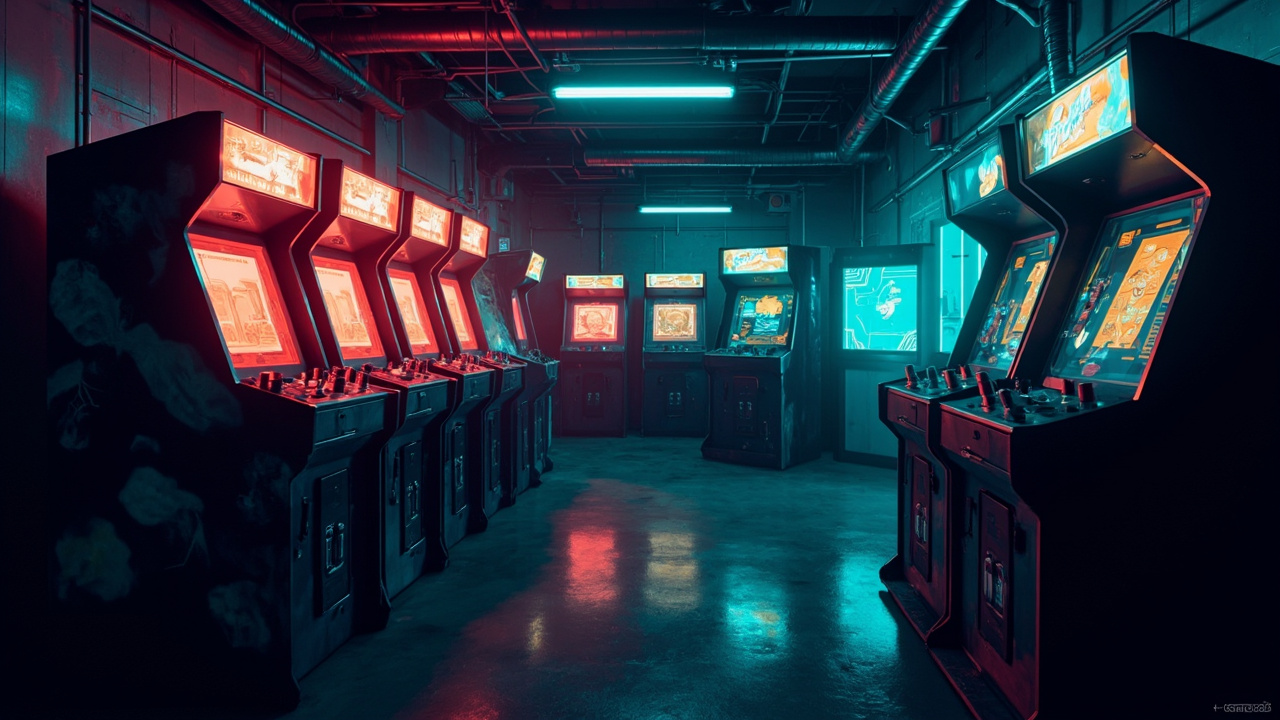 Illustration of a neon-lit retro arcade interior