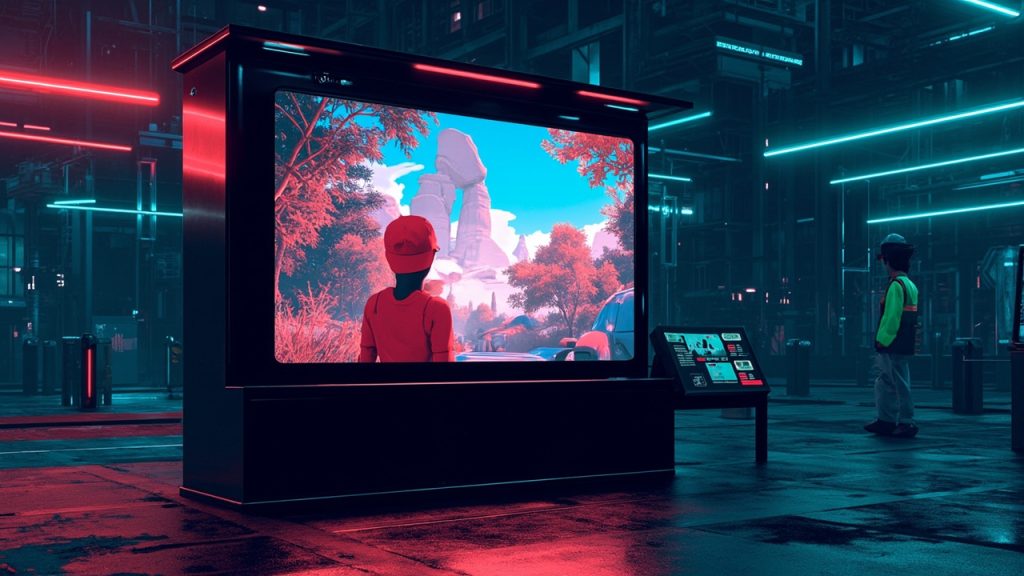 Illustration: A large display screen mounted on a black kiosk-like structure shows brightly colored 3D video game footage of a character in a red cap exploring a scenic outdoor environment, with a smaller informational placard visible in the lower right.