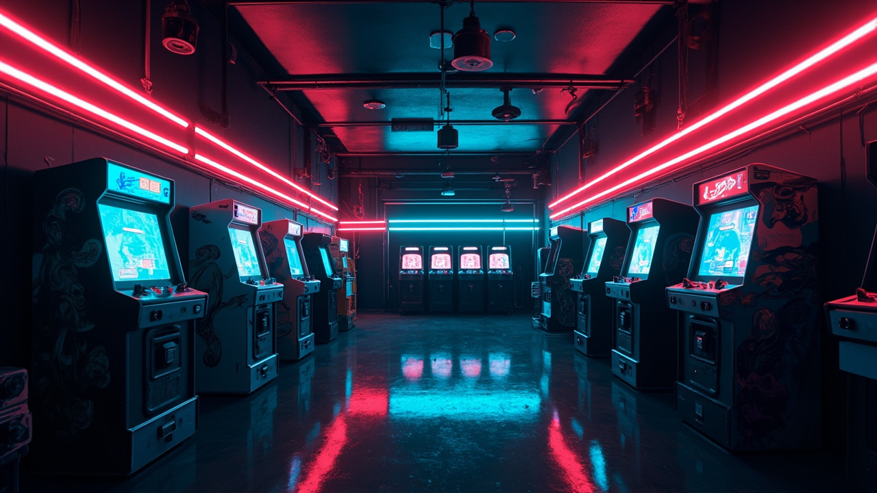 Illustration of a neon-lit retro arcade interior