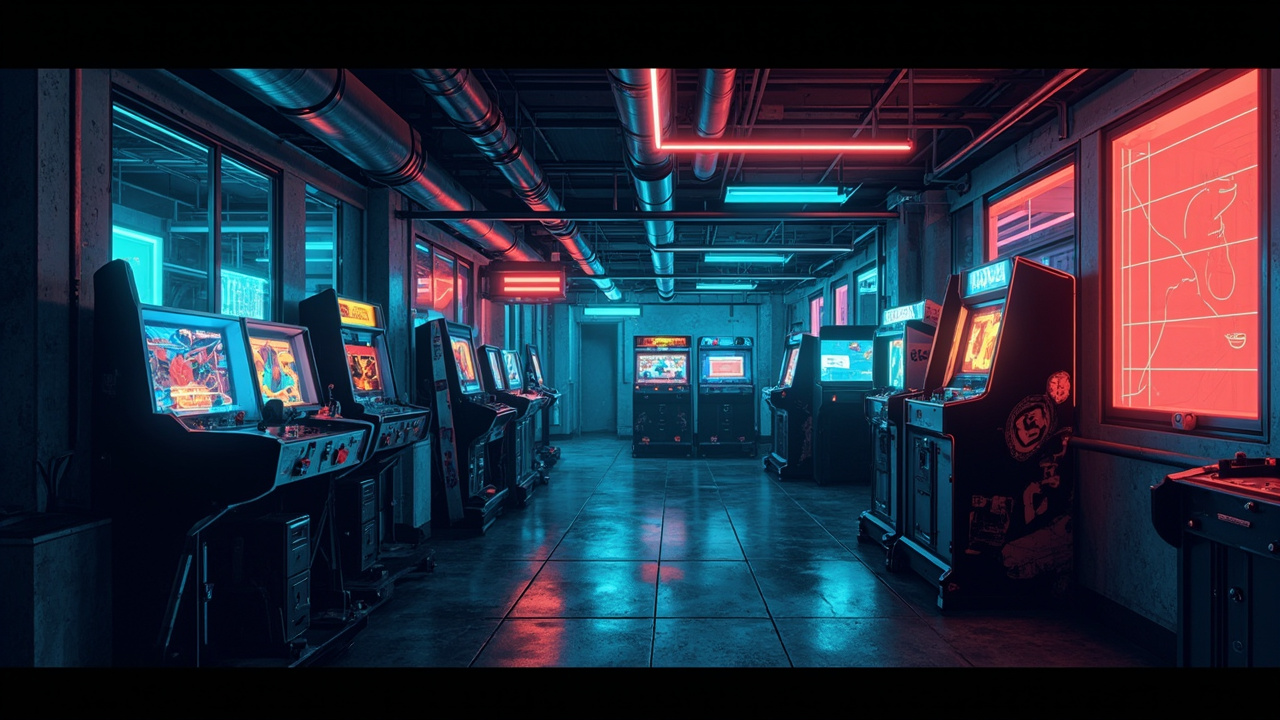 Illustration of a neon-lit retro arcade interior