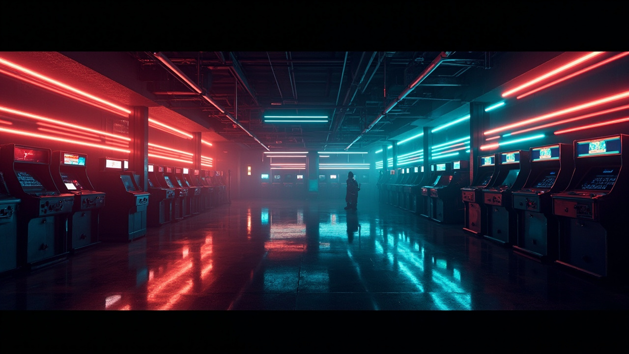 Illustration of a neon-lit retro arcade interior