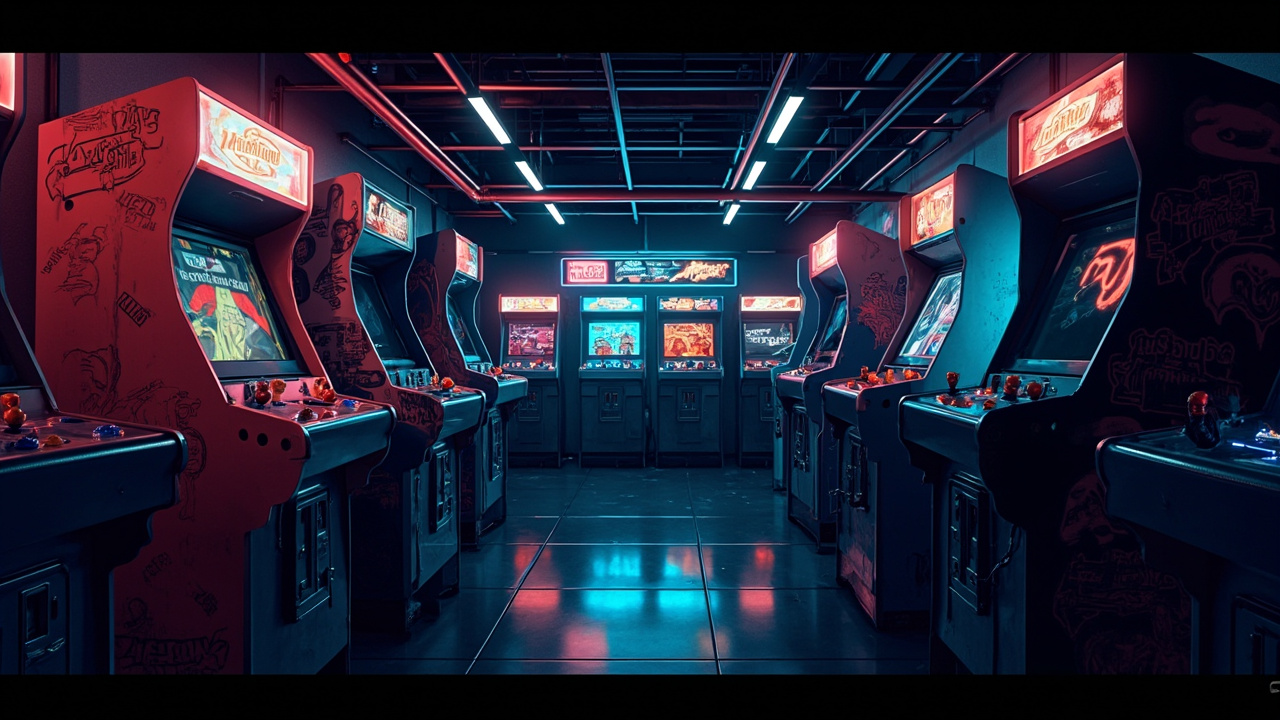 Illustration of a neon-lit retro arcade interior