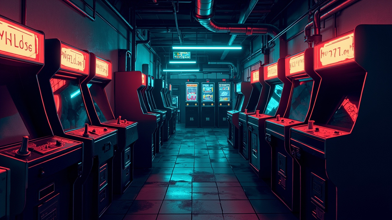 Illustration of a neon-lit retro arcade interior