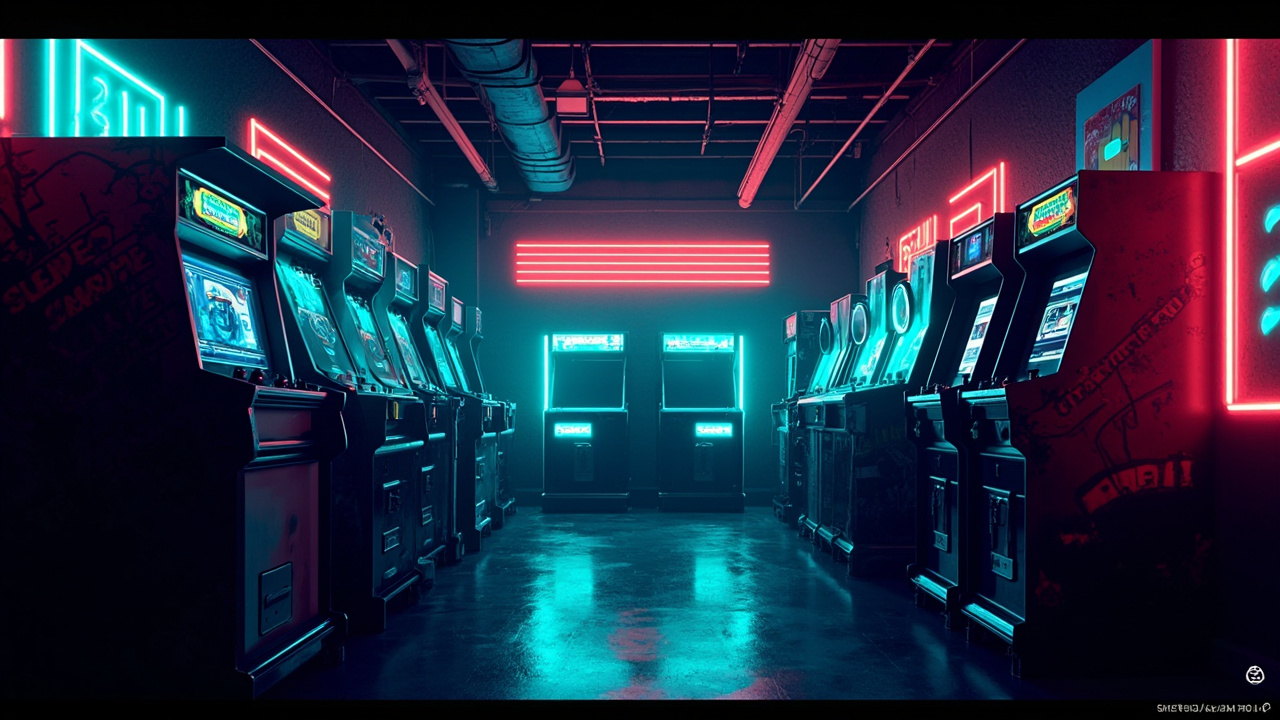 Illustration of a neon-lit retro arcade interior