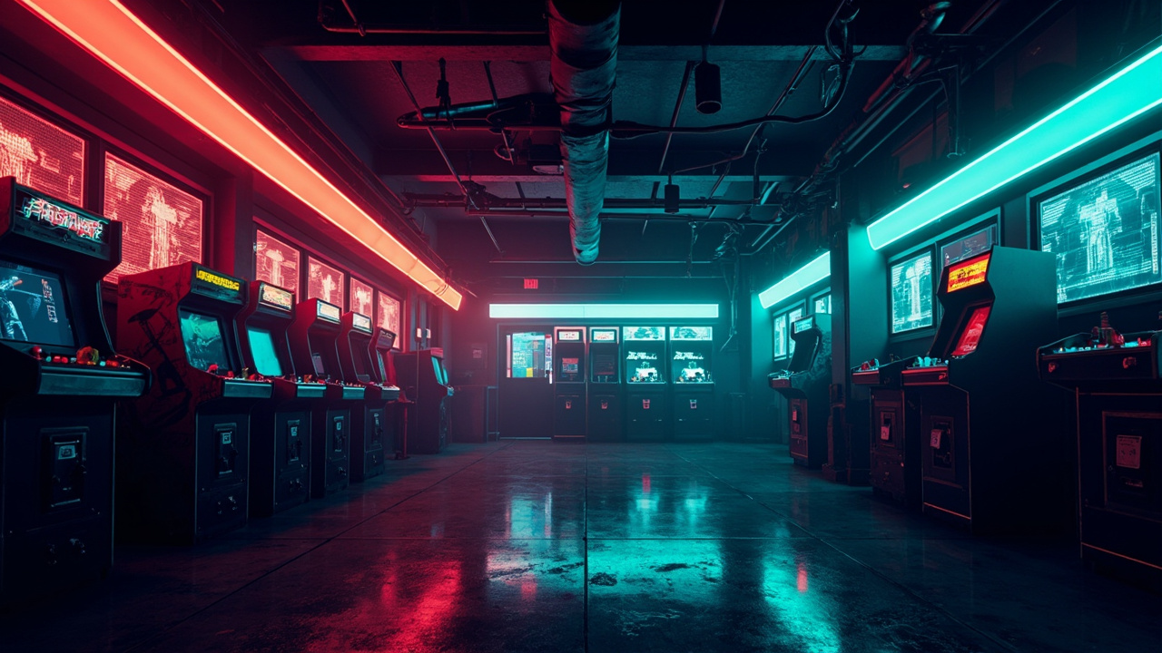 Illustration of a neon-lit retro arcade interior