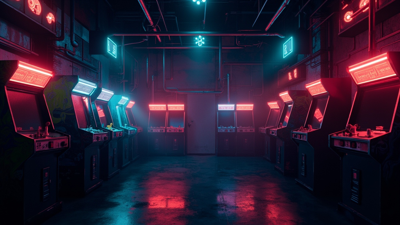 Illustration of a neon-lit retro arcade interior