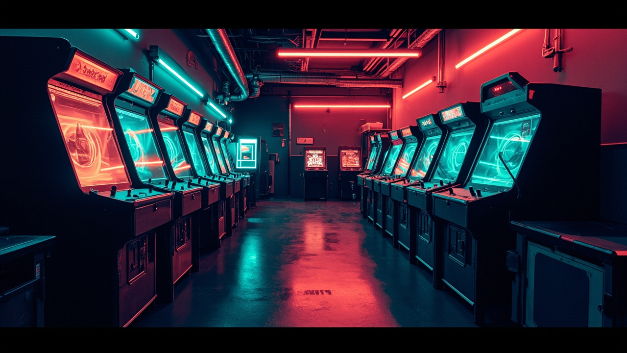 Illustration of a neon-lit retro arcade interior