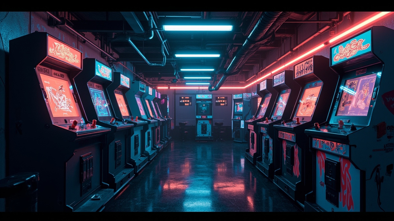 Illustration of a neon-lit retro arcade interior