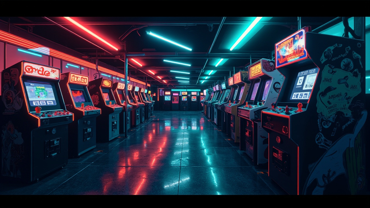 Illustration of a neon-lit retro arcade interior