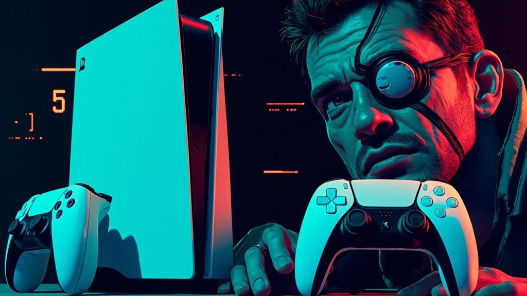 Illustration: Two white gaming consoles with a sleek curved design and a contrasting black vertical stripe down the center are positioned next to a close-up of a scarred face wearing an eye patch.