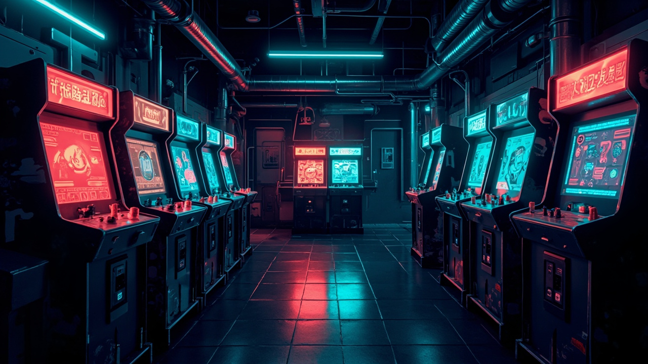Illustration of a neon-lit retro arcade interior