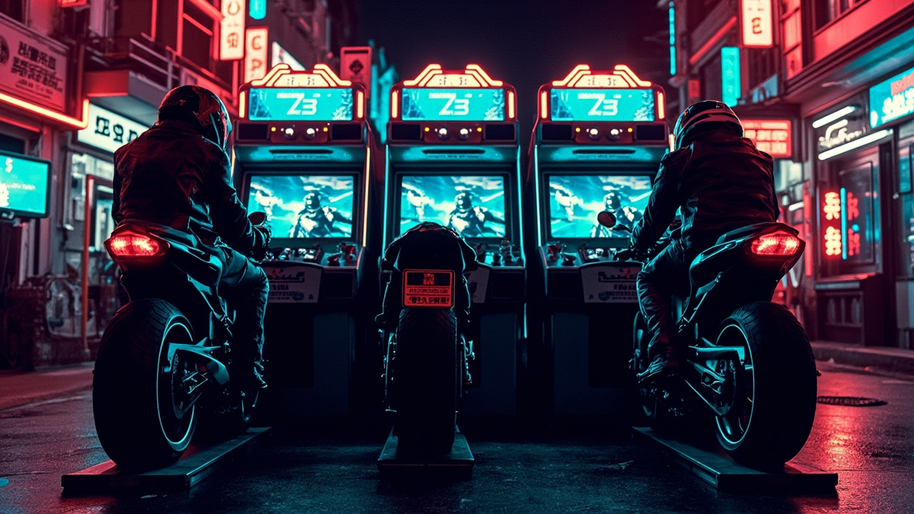 Illustration: A row of motorcycle arcade racing cabinets with attached bike seats and screens displaying riders are arranged in a neon-lit Asian-themed street setting.