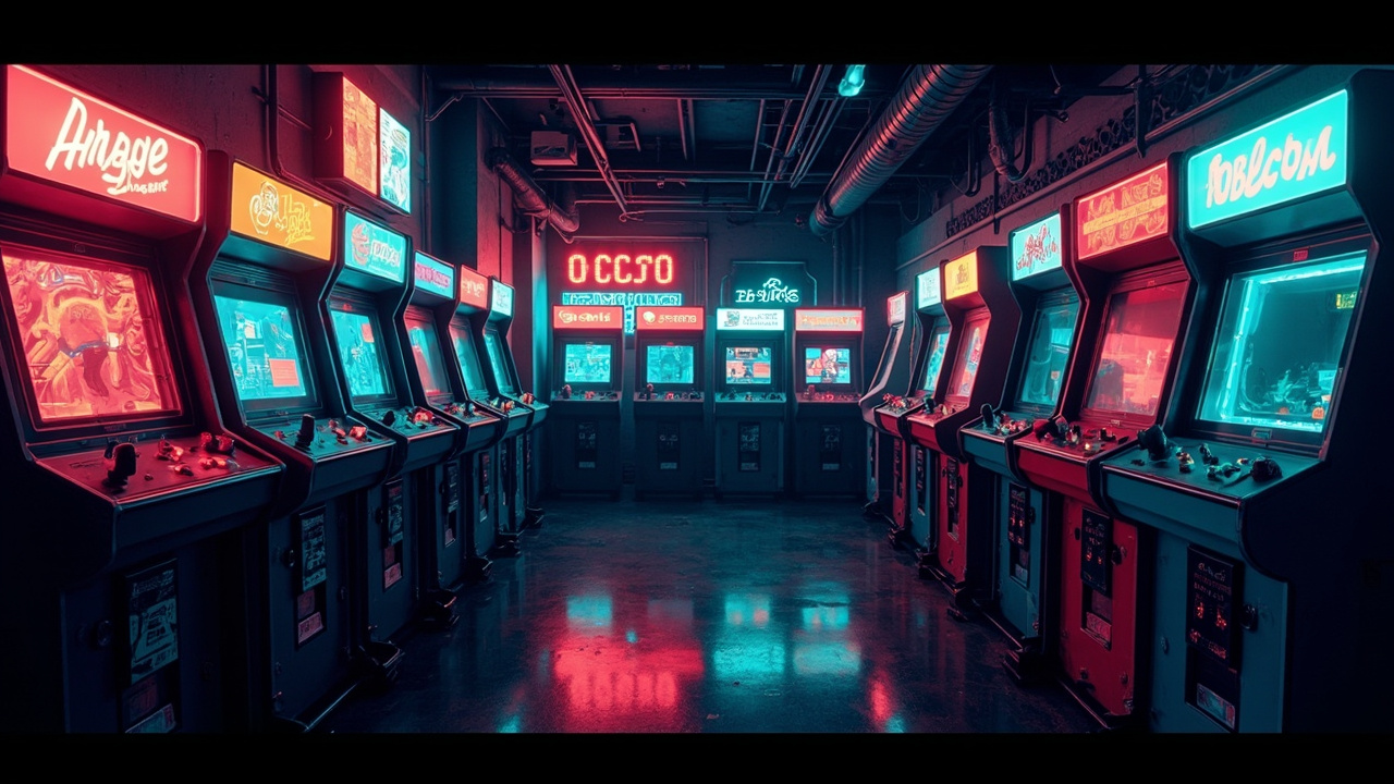 Illustration of a neon-lit retro arcade interior