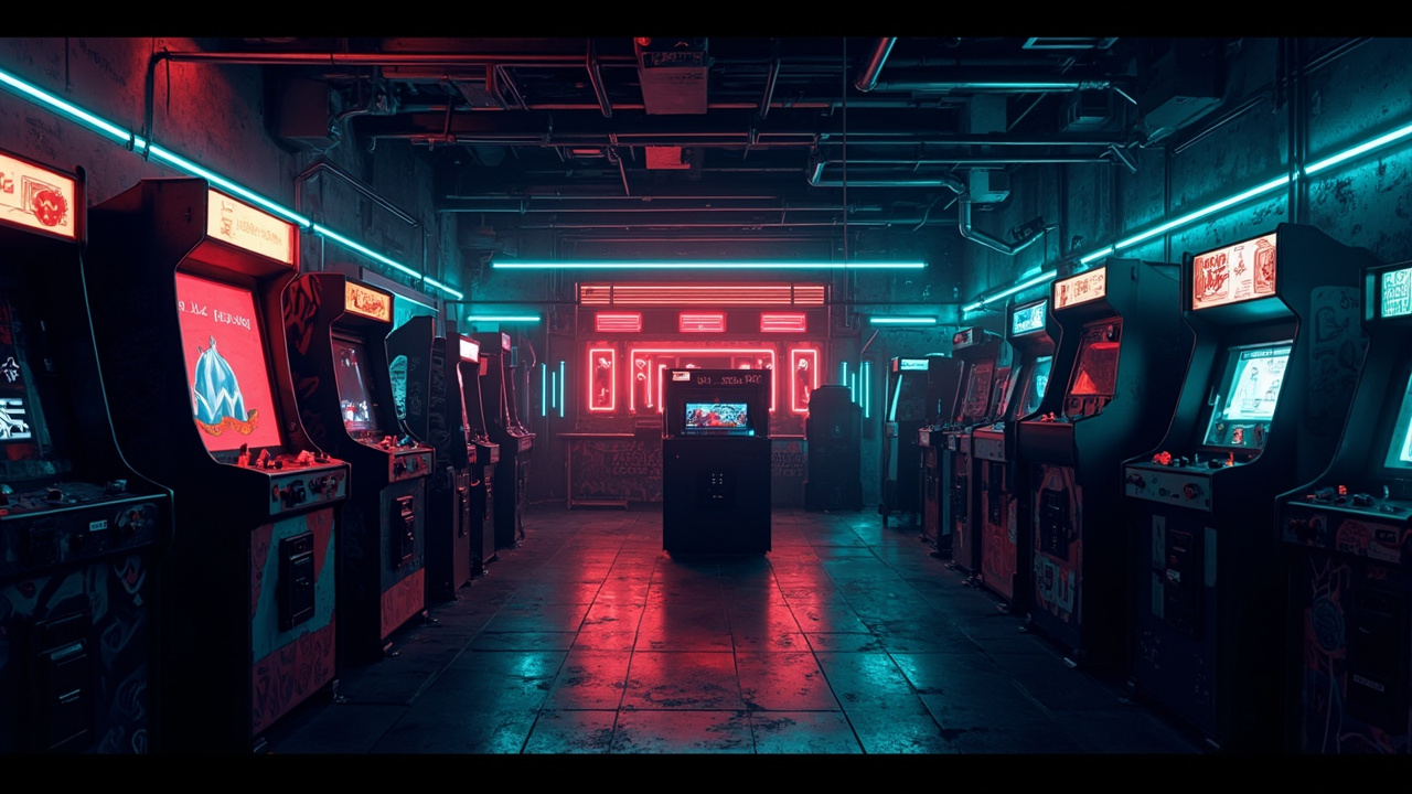 Illustration of a neon-lit retro arcade interior
