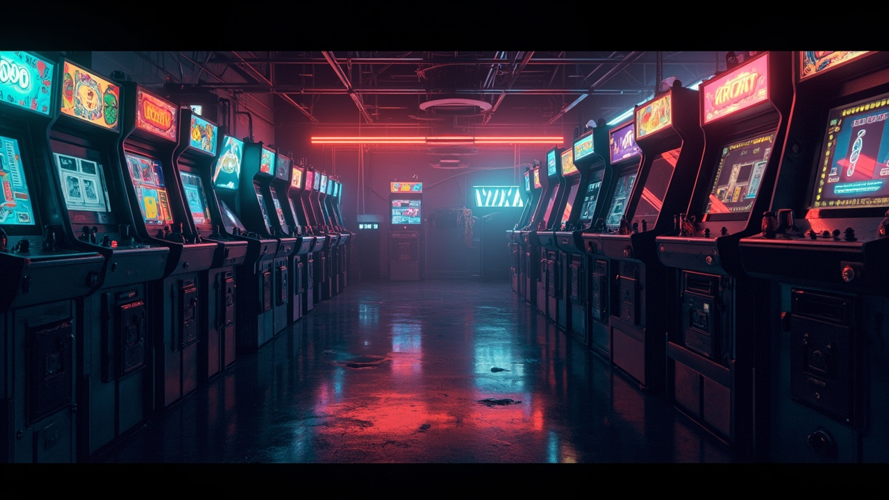Illustration of a neon-lit retro arcade interior