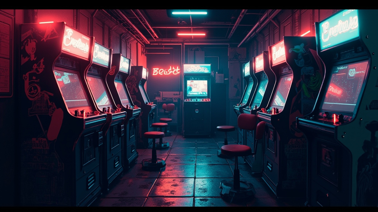 Illustration of a neon-lit retro arcade interior