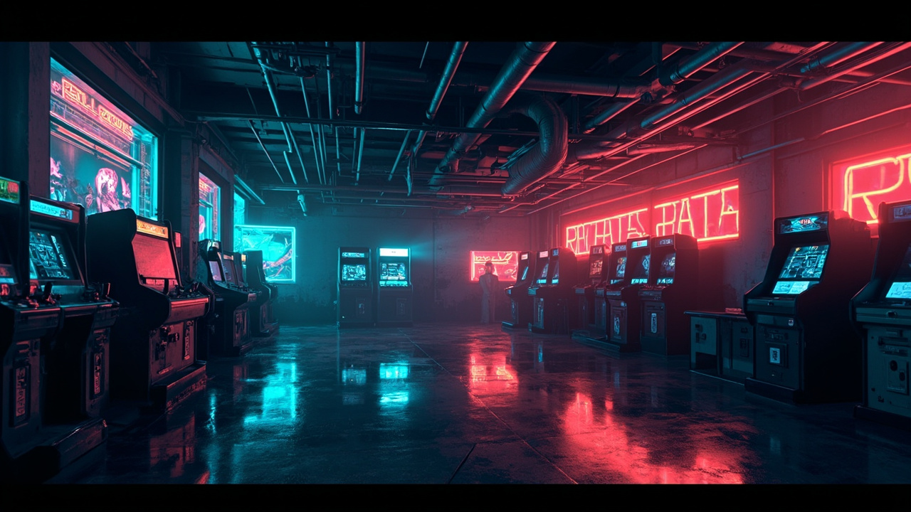 Illustration of a neon-lit retro arcade interior