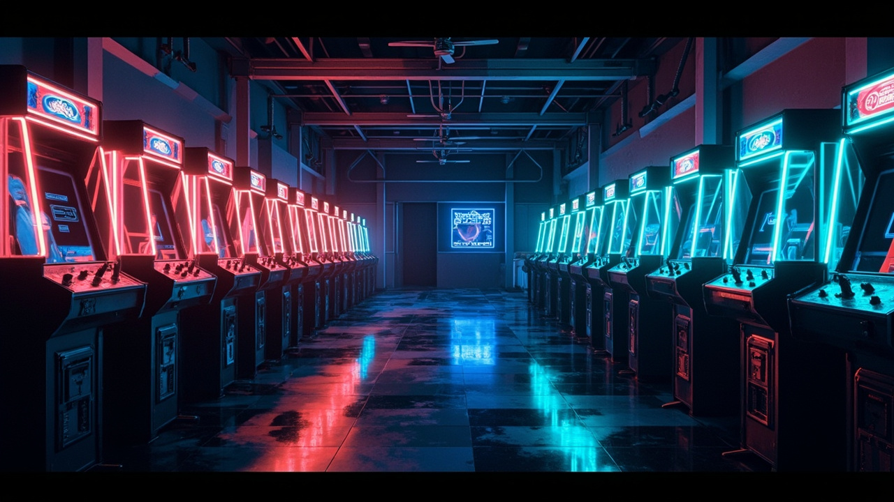 Illustration of a neon-lit retro arcade interior