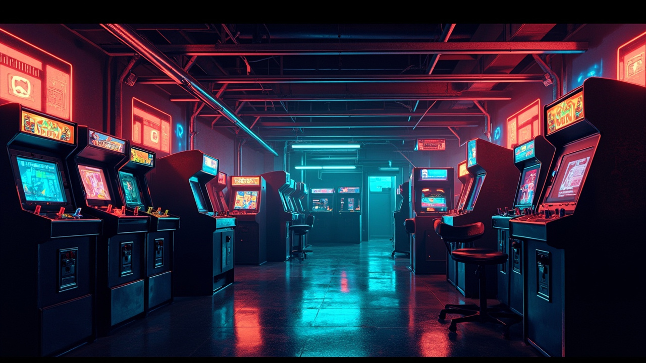 Illustration of a neon-lit retro arcade interior