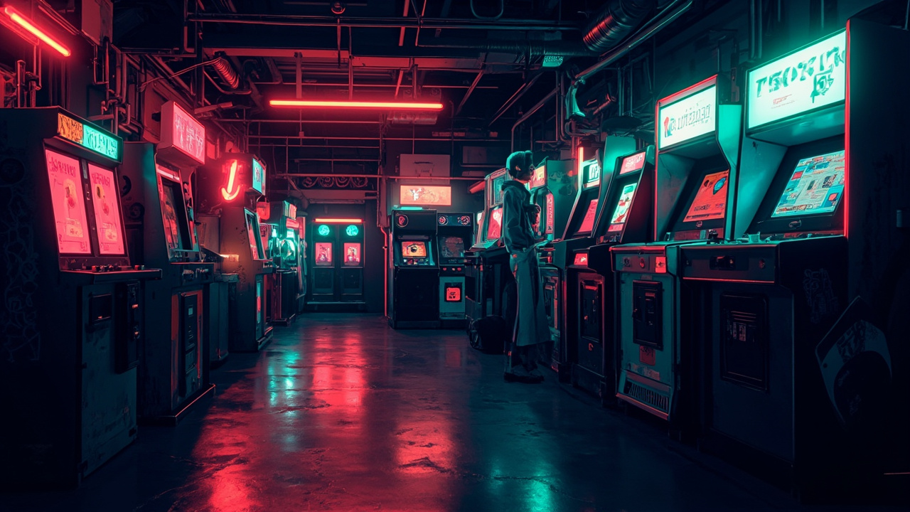 Illustration of a neon-lit retro arcade interior