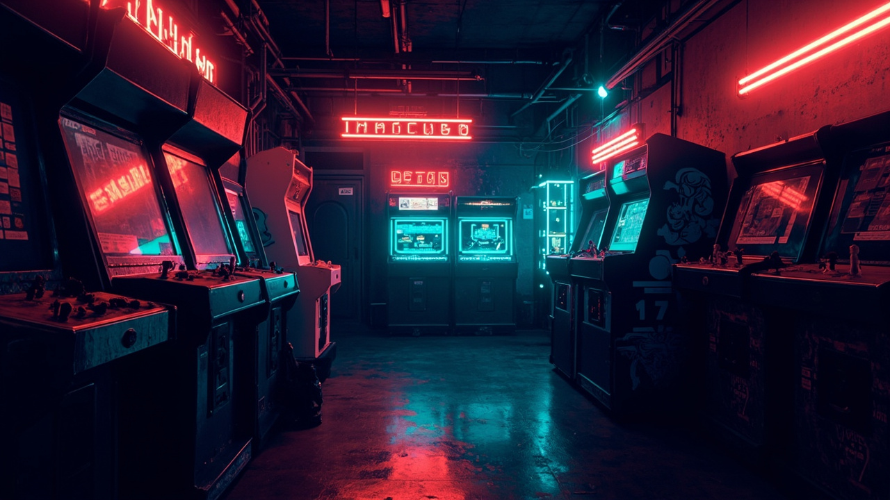 Illustration of a neon-lit retro arcade interior