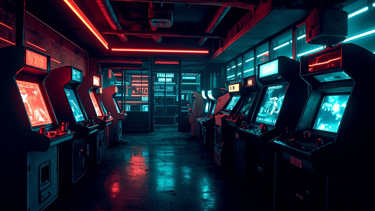 Illustration of a neon-lit retro arcade interior