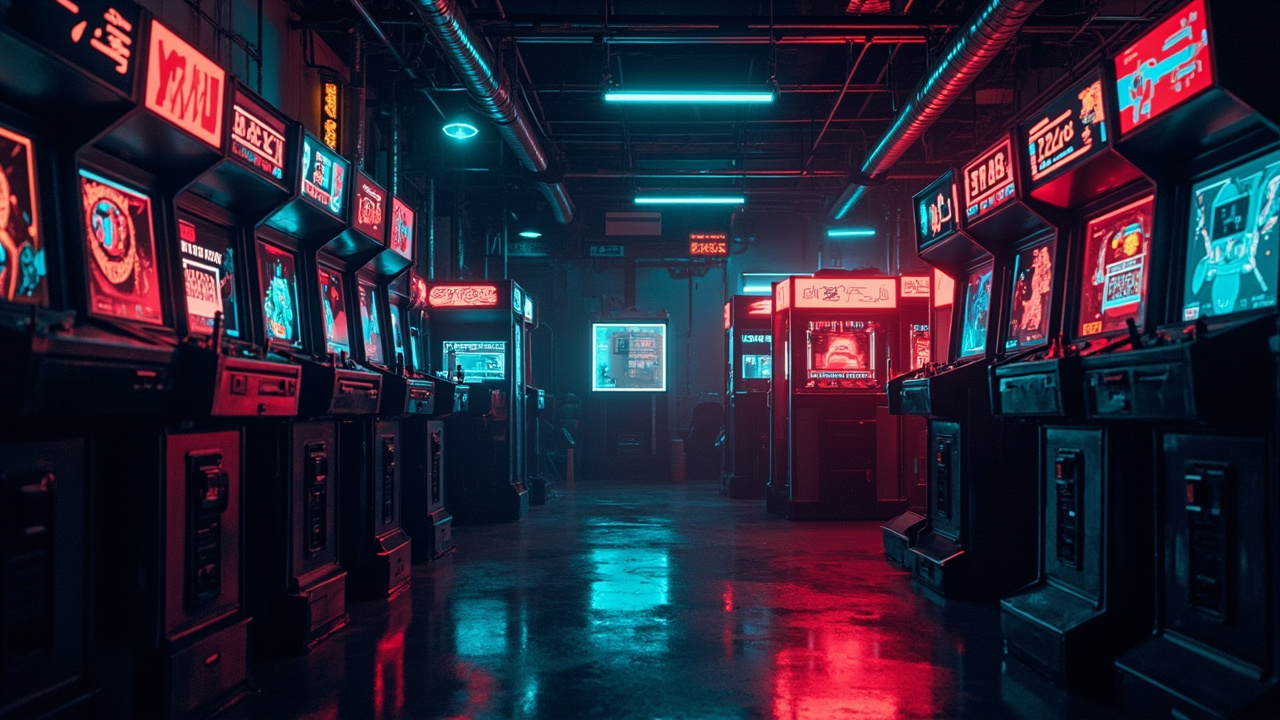 Illustration of a neon-lit retro arcade interior