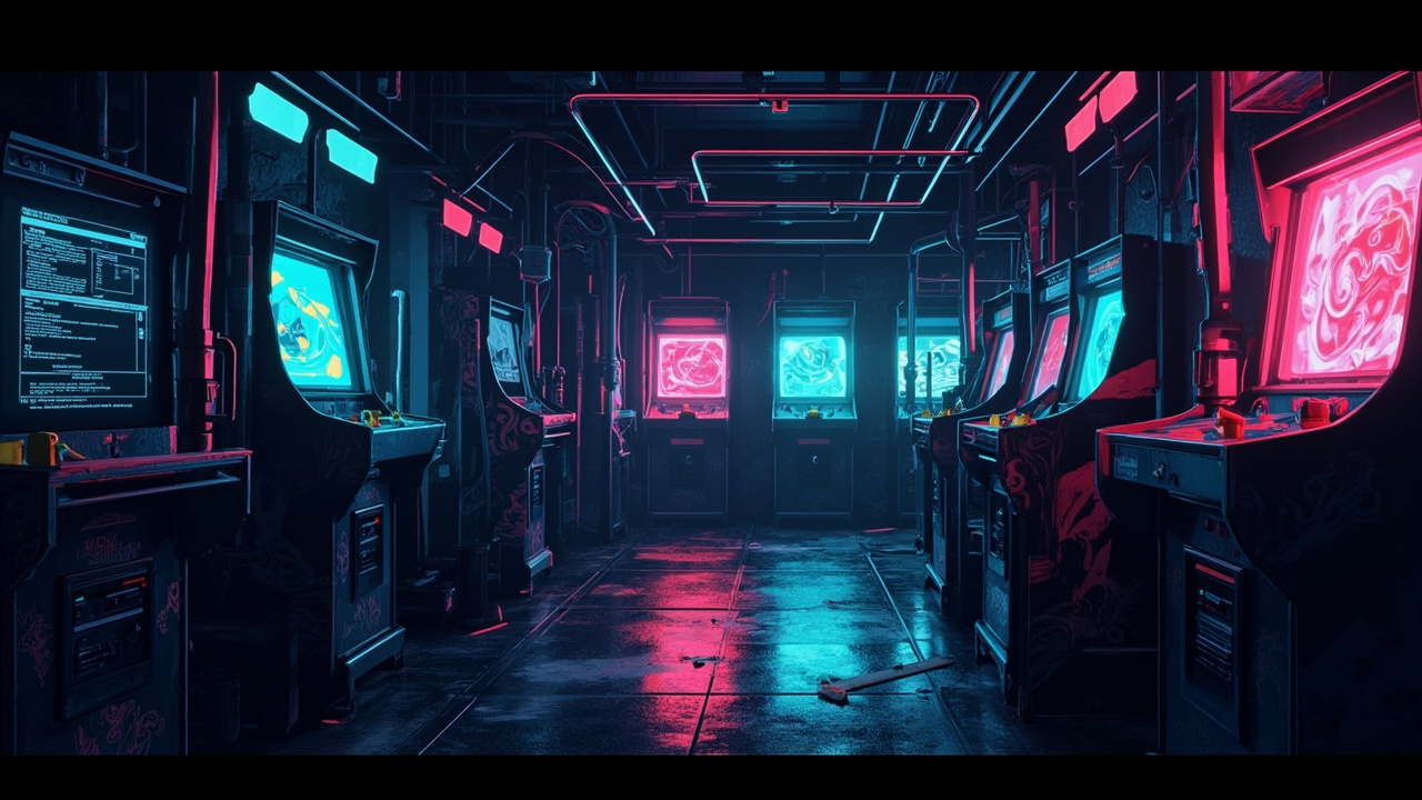 Illustration of a neon-lit retro arcade interior