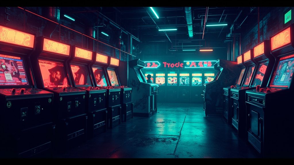 Illustration of a neon-lit retro arcade interior