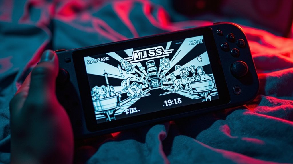 Illustration: A handheld gaming console displaying a black-and-white illustrated game screen featuring various cartoon characters, a "MISS" counter, and a timer reading "12:00.".