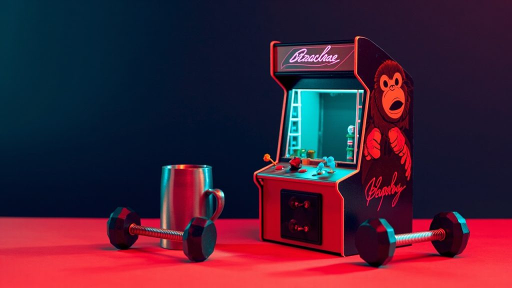Illustration: A miniature tabletop arcade cabinet featuring a pixelated climbing-platform video game with a large ape character, barrels, and ladders, displayed on a red surface alongside a metal mug and dumbbells.