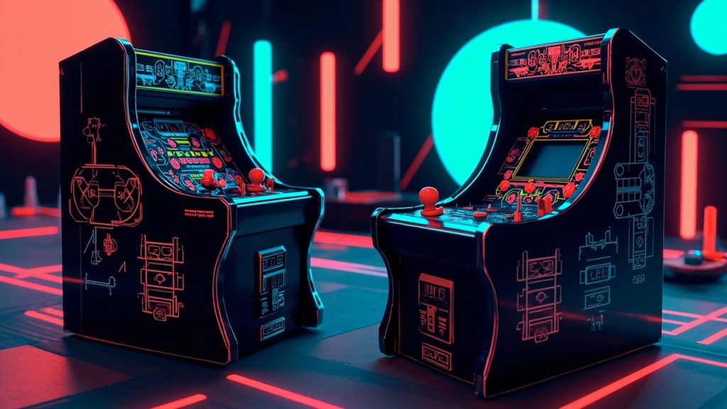 Illustration: A two-panel view shows a black toy box featuring an assembled miniature arcade cabinet replica with a joystick, buttons, and multi-level playfield, alongside the reverse side displaying close-up details of the joystick mechanism, barrel pieces, and c