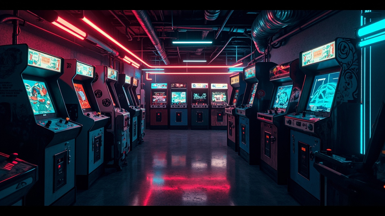Illustration of a neon-lit retro arcade interior
