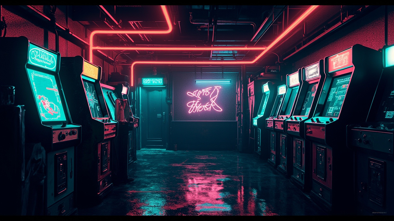 Illustration of a neon-lit retro arcade interior