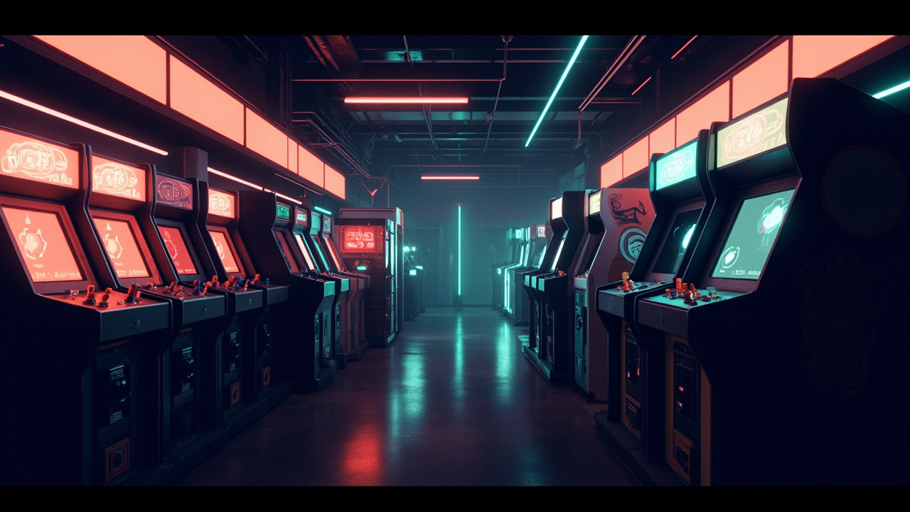 Illustration of a neon-lit retro arcade interior