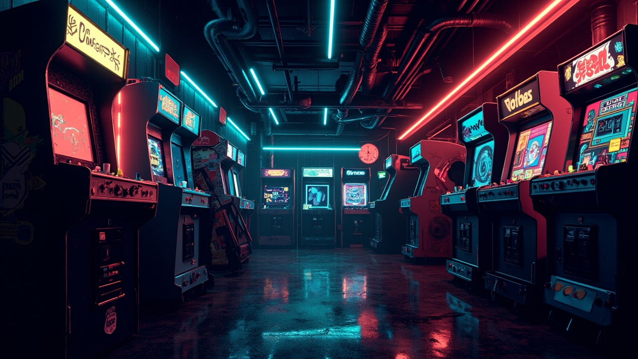 Illustration of a neon-lit retro arcade interior