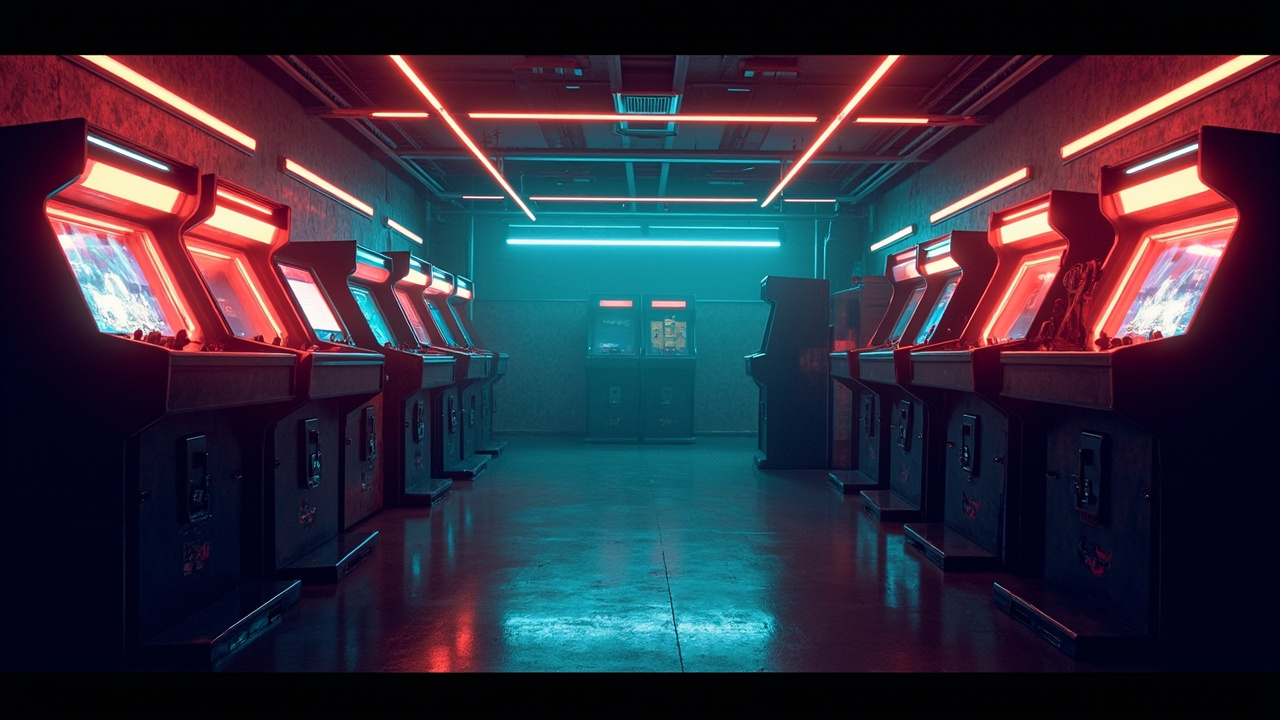Illustration of a neon-lit retro arcade interior