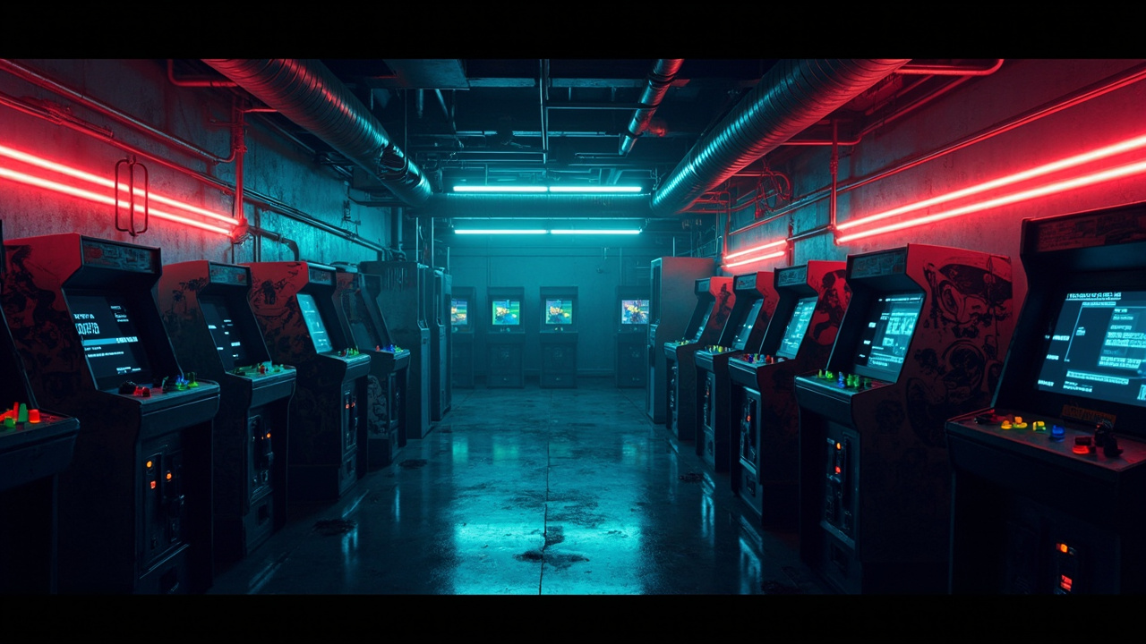 Illustration of a neon-lit retro arcade interior