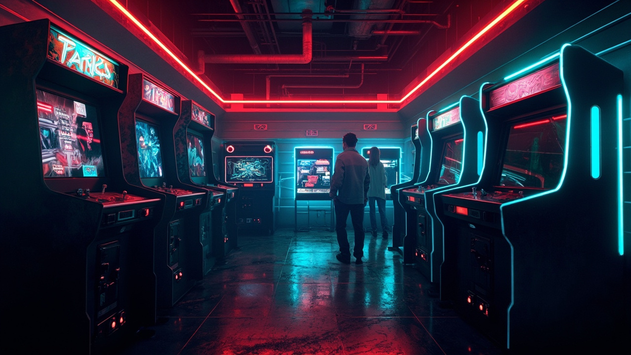 Illustration of a neon-lit retro arcade interior